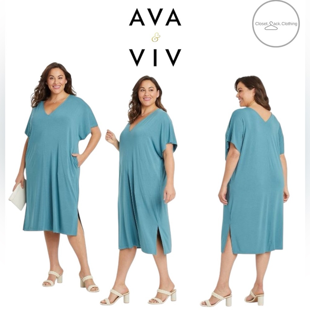 Ava & Viv Teal Dolman Short Sleeve Midi Dress Pockets Plus Size 2X